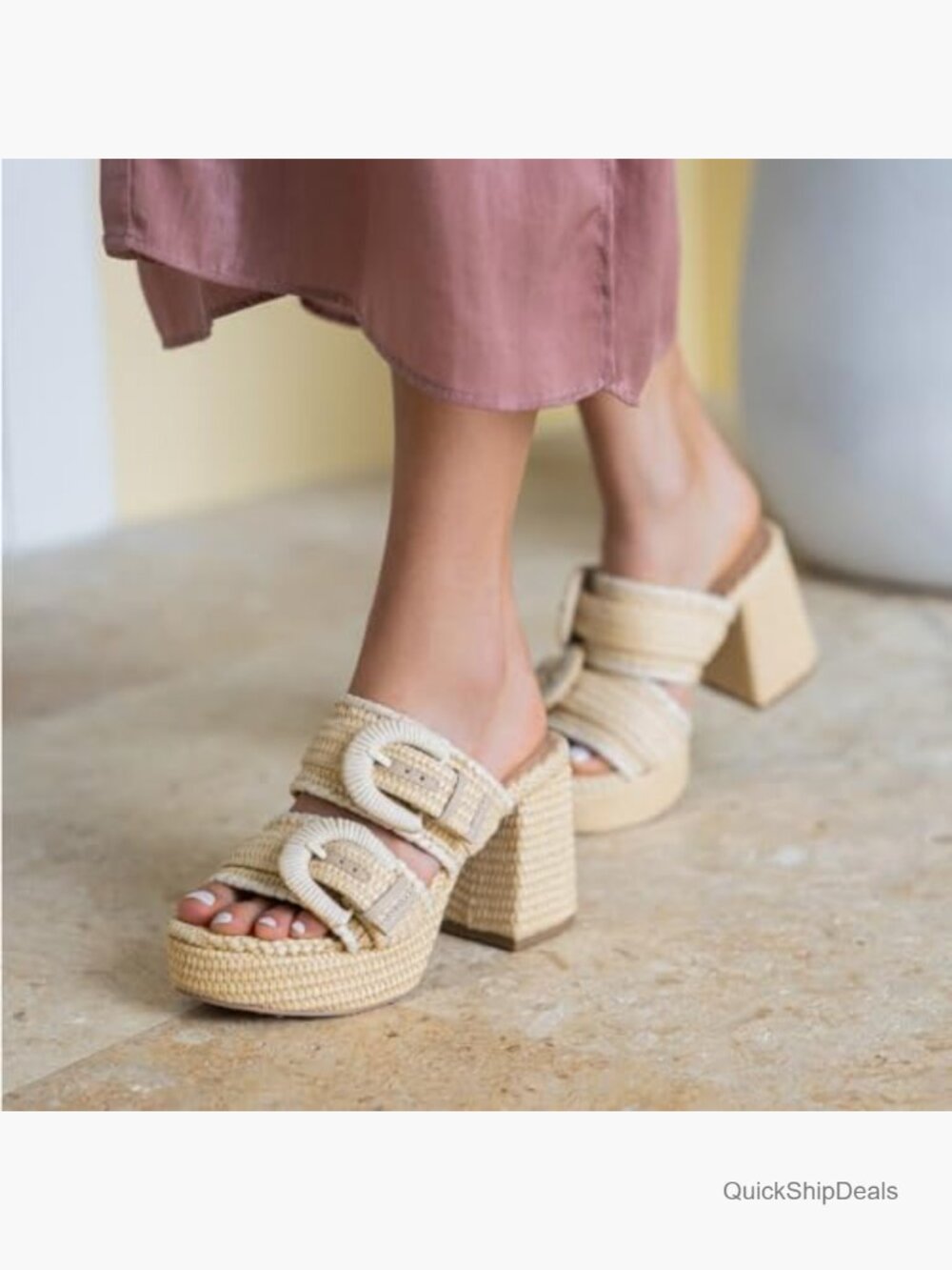 Women's Heeled Sandals Platform Block Heel Raffia Vegan Leather 3.7in - Picture 2 of 7